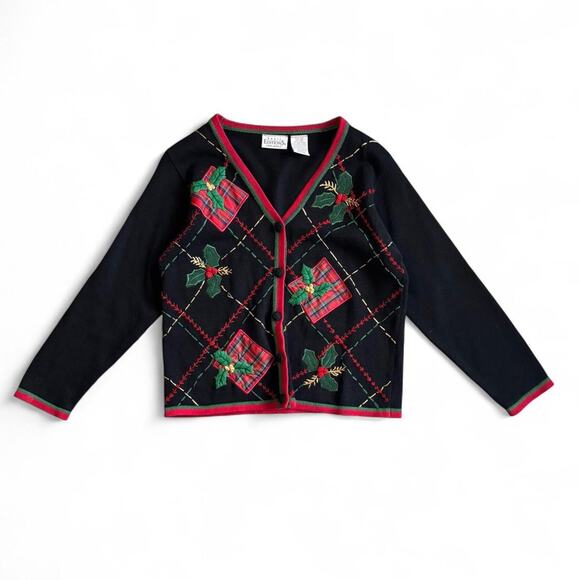Basic Editions vintage Holiday Black Plaid Gift Embroidered Cardigan Sweater L - Picture 3 of 8